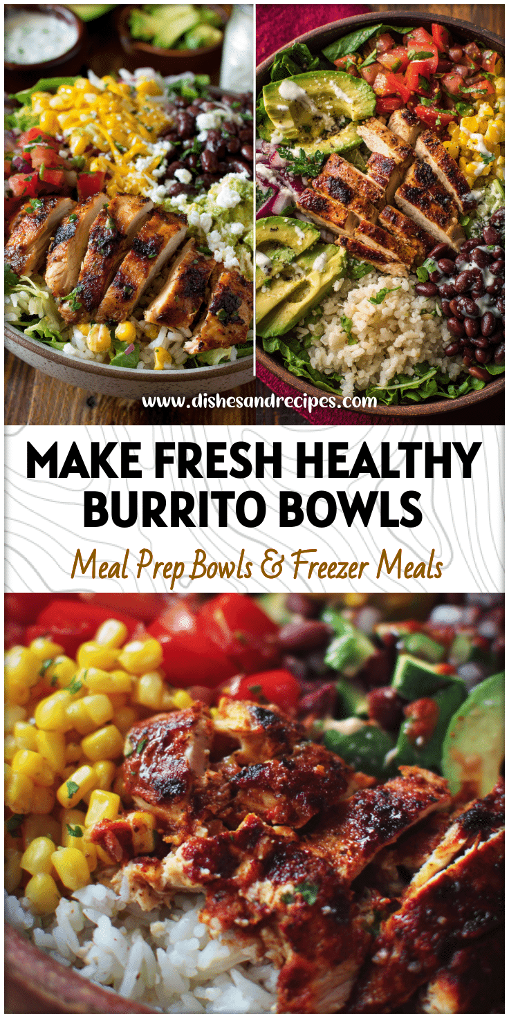 Vibrant Chicken Burrito Bowl with rice, beans, veggies, and grilled chicken inspired by Chipotle Recipes and Healthy Bowls.